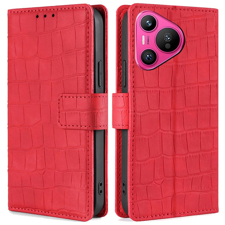 For Huawei Pura 70 Phone Case Skin-Touch Crocodile Texture Leather Cover with Wallet - Red
