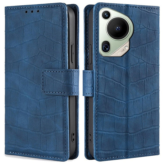 For Huawei Pura 70 Ultra Case Magnetic Clasp Crocodile Texture Leather Cover - Blue
