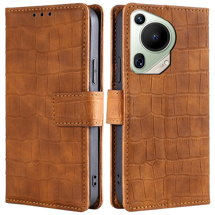 For Huawei Pura 70 Ultra Case Magnetic Clasp Crocodile Texture Leather Cover - Brown