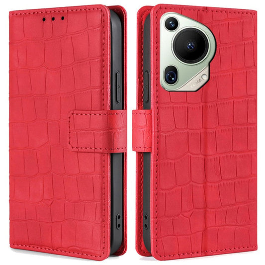 For Huawei Pura 70 Ultra Case Magnetic Clasp Crocodile Texture Leather Cover - Red