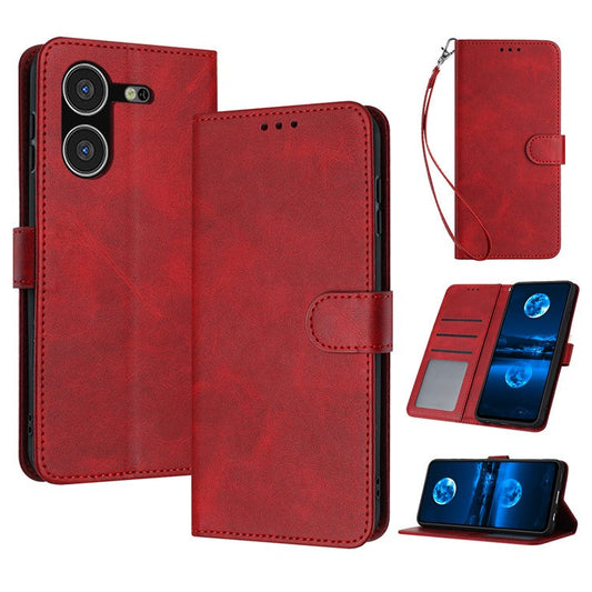Stand Case for TECNO Pova 5 4G Anti-Scratch PU Leather Phone Cover with Strap - Red