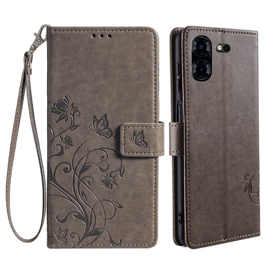 For TECNO Pova 5 Pro 5G Wallet Protective Case PU Leather Butterfly Flower Magnetic Flip Cover - Grey