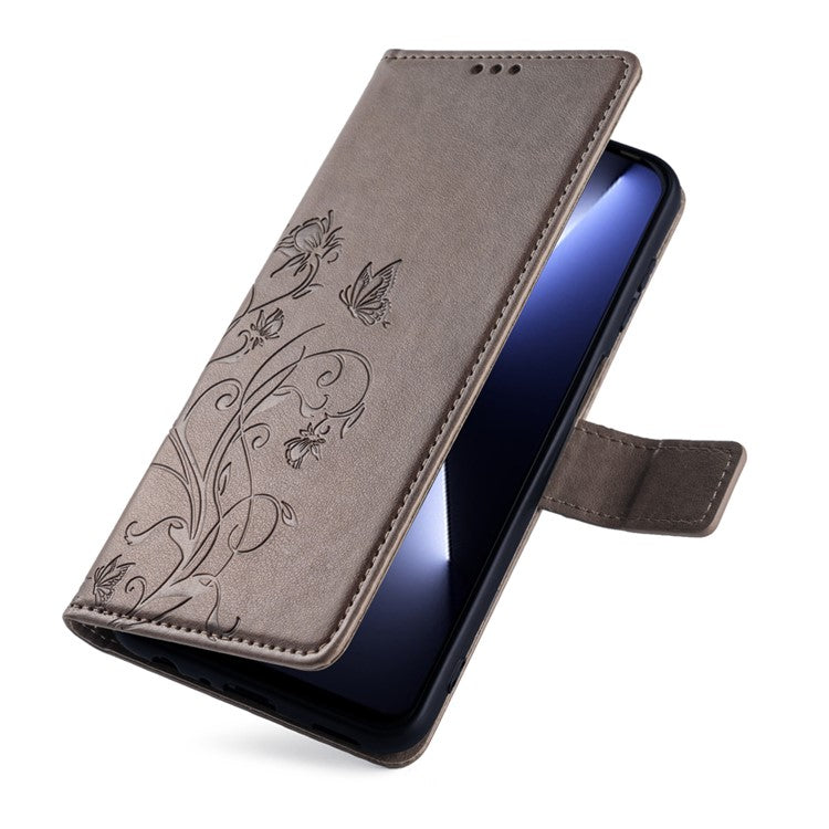 For TECNO Pova 5 Pro 5G Wallet Protective Case PU Leather Butterfly Flower Magnetic Flip Cover - Grey