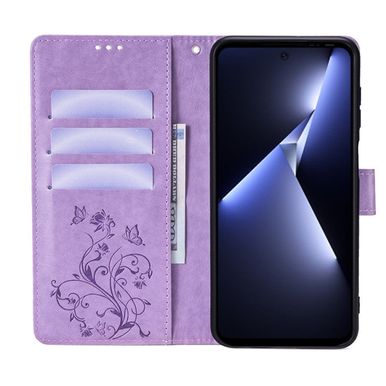 For TECNO Pova 5 Pro 5G Wallet Protective Case PU Leather Butterfly Flower Magnetic Flip Cover - Purple