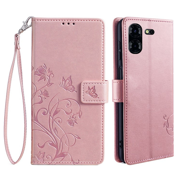 For TECNO Pova 5 Pro 5G Wallet Protective Case PU Leather Butterfly Flower Magnetic Flip Cover - Rose Gold