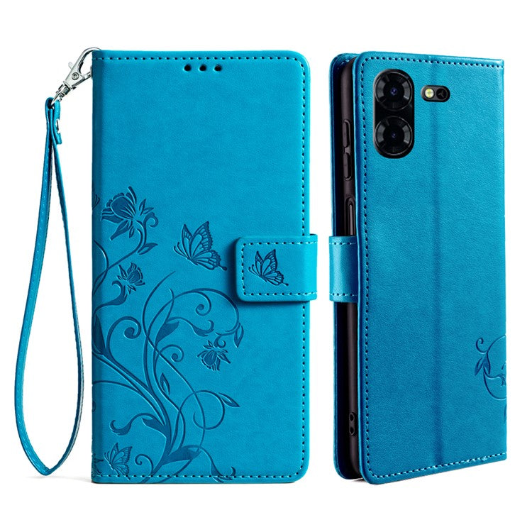 For TECNO Pova 5 Pro 5G Wallet Protective Case PU Leather Butterfly Flower Magnetic Flip Cover - Blue