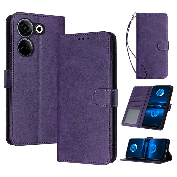 Drop-Proof Case for TECNO Camon 20 4G / Camon 20 Pro 4G PU Leather Phone Cover with Strap - Purple