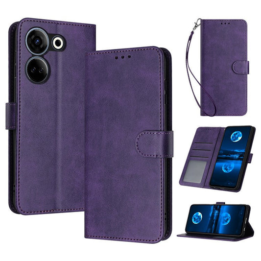 Drop-Proof Case for TECNO Camon 20 4G / Camon 20 Pro 4G PU Leather Phone Cover with Strap - Purple