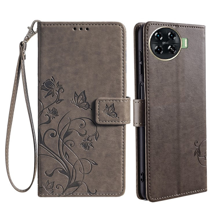 For TECNO Spark 20 Pro+ Case Butterfly Flower Imprinted PU Leather Phone Cover - Grey
