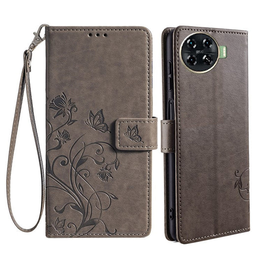 For TECNO Spark 20 Pro+ Case Butterfly Flower Imprinted PU Leather Phone Cover - Grey