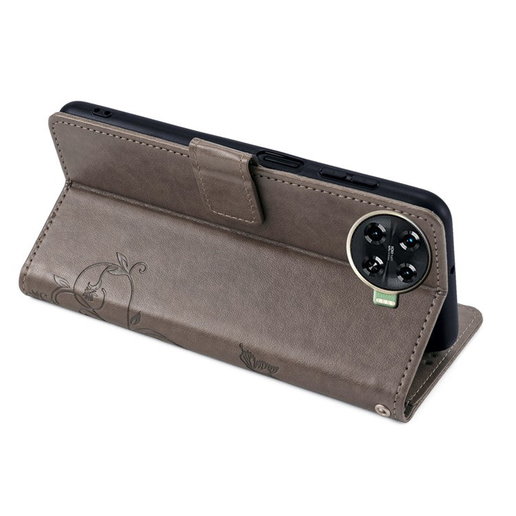 For TECNO Spark 20 Pro+ Case Butterfly Flower Imprinted PU Leather Phone Cover - Grey