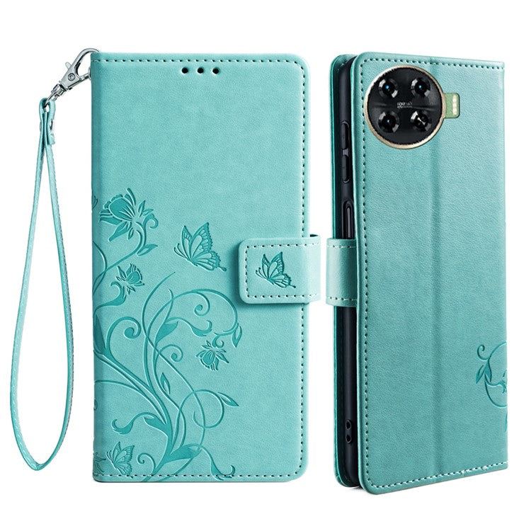 For TECNO Spark 20 Pro+ Case Butterfly Flower Imprinted PU Leather Phone Cover - Green