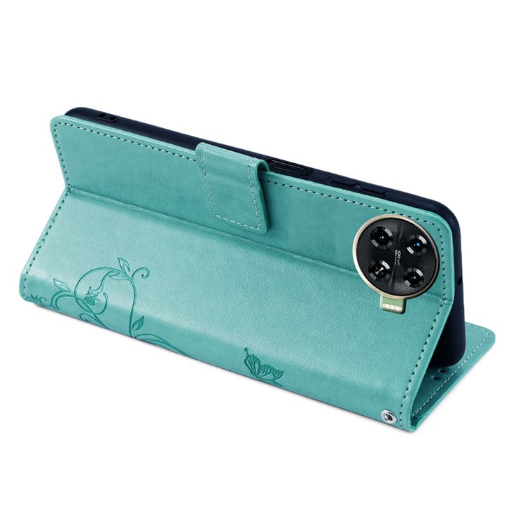 For TECNO Spark 20 Pro+ Case Butterfly Flower Imprinted PU Leather Phone Cover - Green