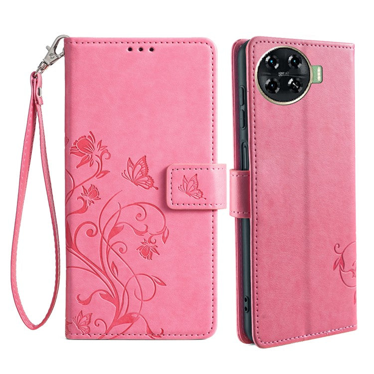 For TECNO Spark 20 Pro+ Case Butterfly Flower Imprinted PU Leather Phone Cover - Pink