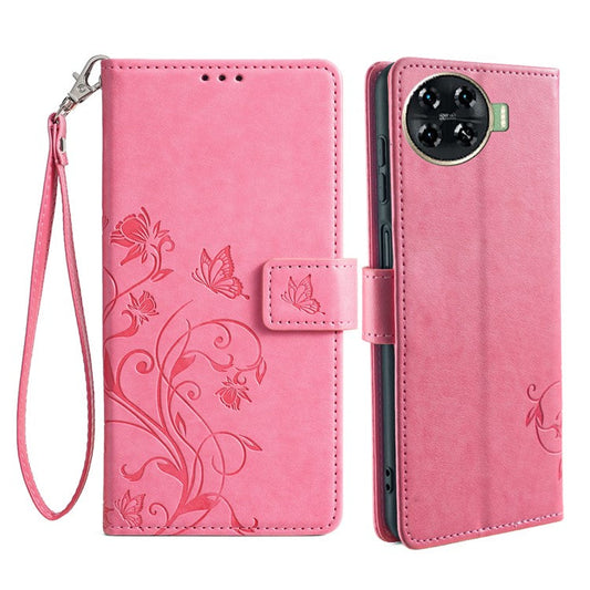 For TECNO Spark 20 Pro+ Case Butterfly Flower Imprinted PU Leather Phone Cover - Pink