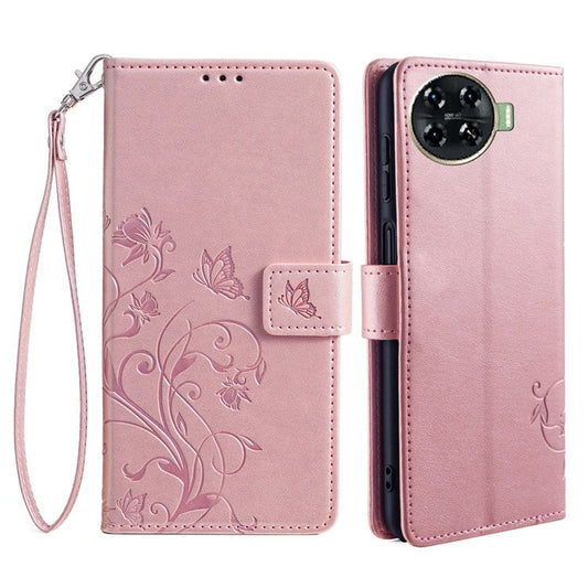 For TECNO Spark 20 Pro+ Case Butterfly Flower Imprinted PU Leather Phone Cover - Rose Gold