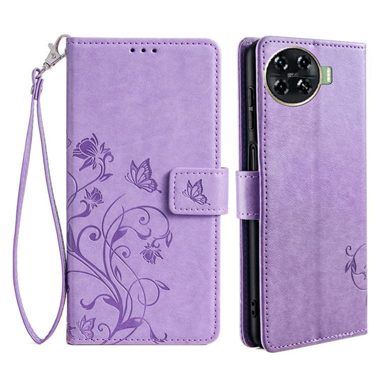 For TECNO Spark 20 Pro+ Case Butterfly Flower Imprinted PU Leather Phone Cover - Purple