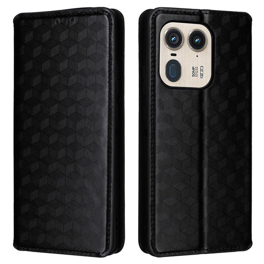For Motorola Edge 50 Ultra 5G / Moto X50 Ultra 5G Magnetic Phone Case Rhombus Imprinted Wallet Card Holder Cover - Black