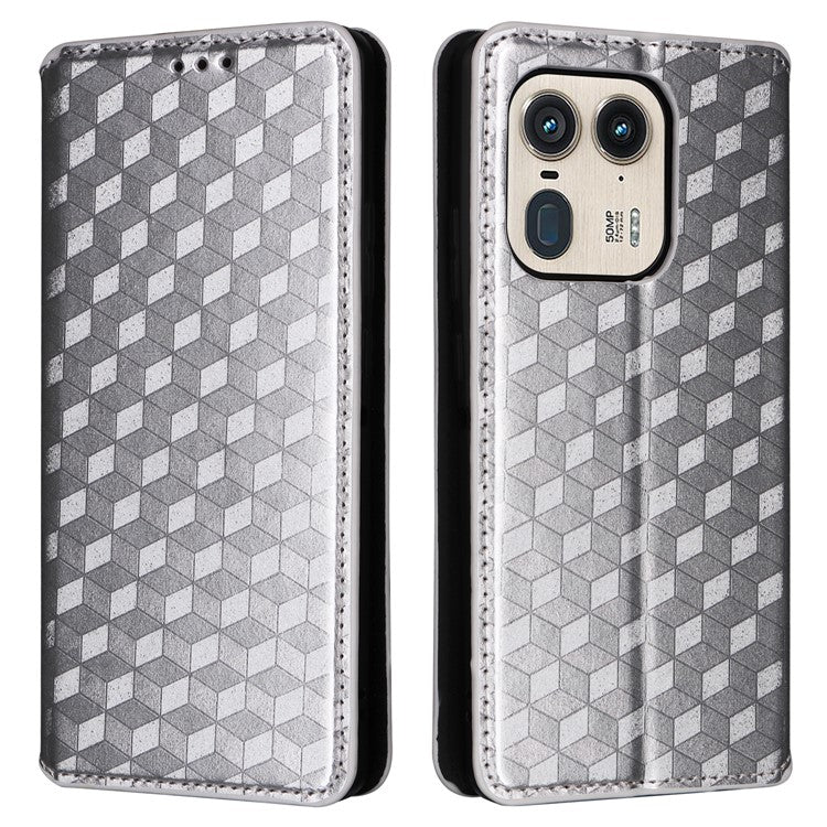For Motorola Edge 50 Ultra 5G / Moto X50 Ultra 5G Magnetic Phone Case Rhombus Imprinted Wallet Card Holder Cover - Silver