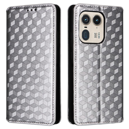 For Motorola Edge 50 Ultra 5G / Moto X50 Ultra 5G Magnetic Phone Case Rhombus Imprinted Wallet Card Holder Cover - Silver