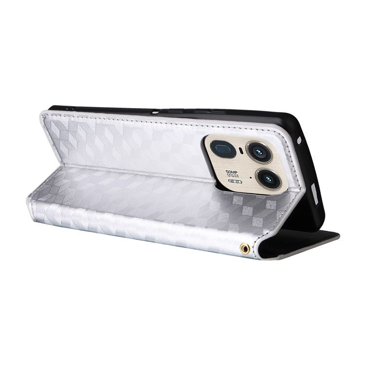 For Motorola Edge 50 Ultra 5G / Moto X50 Ultra 5G Magnetic Phone Case Rhombus Imprinted Wallet Card Holder Cover - Silver