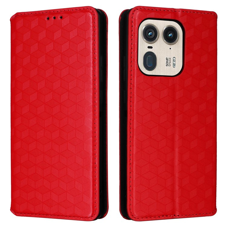 For Motorola Edge 50 Ultra 5G / Moto X50 Ultra 5G Magnetic Phone Case Rhombus Imprinted Wallet Card Holder Cover - Red