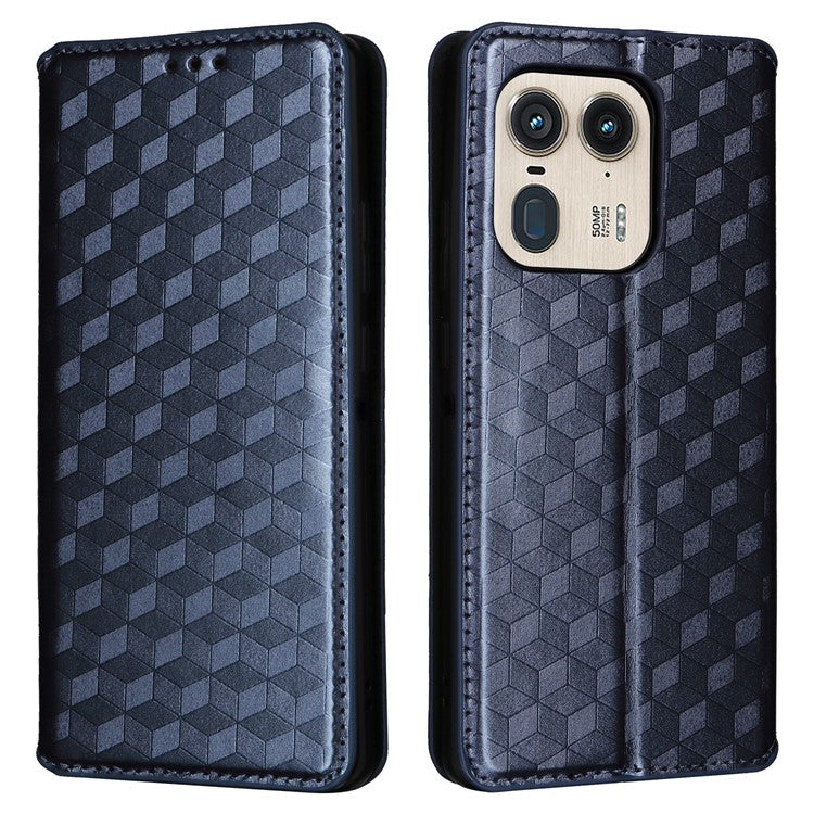 For Motorola Edge 50 Ultra 5G / Moto X50 Ultra 5G Magnetic Phone Case Rhombus Imprinted Wallet Card Holder Cover - Blue