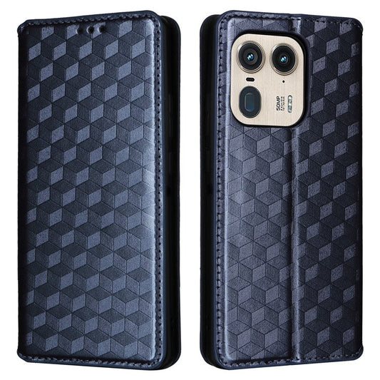 For Motorola Edge 50 Ultra 5G / Moto X50 Ultra 5G Magnetic Phone Case Rhombus Imprinted Wallet Card Holder Cover - Blue