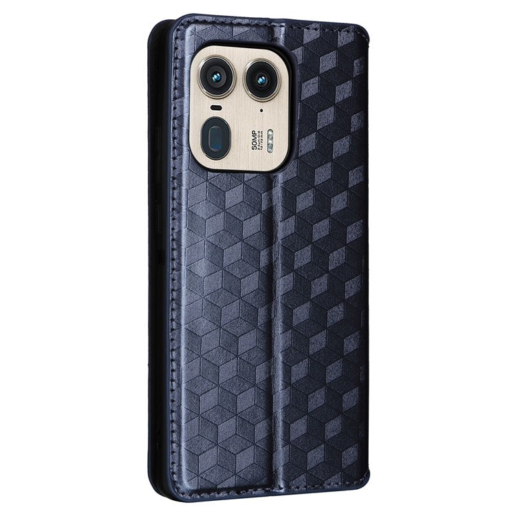 For Motorola Edge 50 Ultra 5G / Moto X50 Ultra 5G Magnetic Phone Case Rhombus Imprinted Wallet Card Holder Cover - Blue