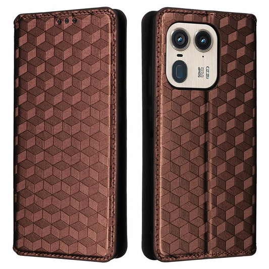 For Motorola Edge 50 Ultra 5G / Moto X50 Ultra 5G Magnetic Phone Case Rhombus Imprinted Wallet Card Holder Cover - Brown