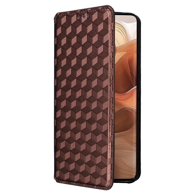 For Motorola Edge 50 Ultra 5G / Moto X50 Ultra 5G Magnetic Phone Case Rhombus Imprinted Wallet Card Holder Cover - Brown