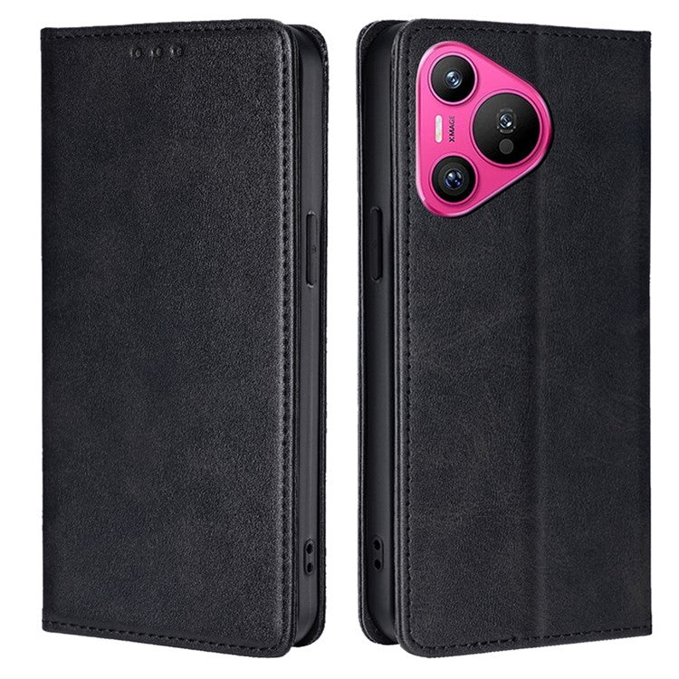 For Huawei Pura 70 Case Calf Texture Leather Magnetic Clasp Wallet Phone Cover - Black