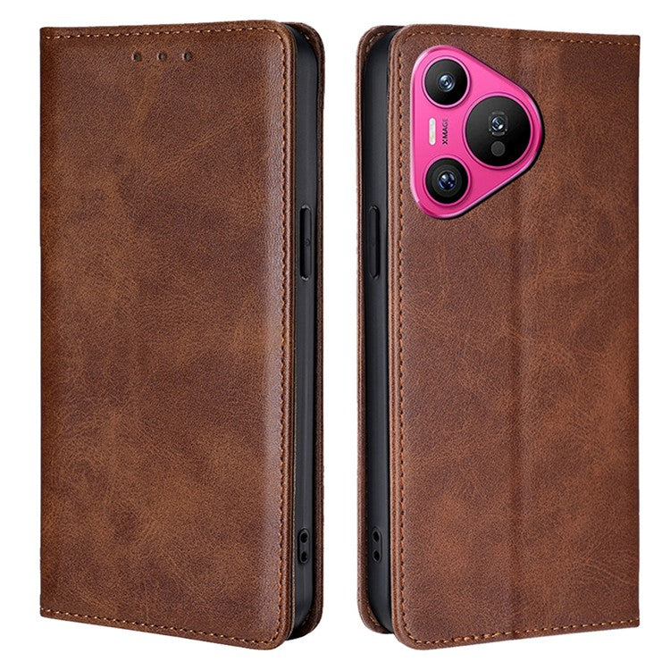 For Huawei Pura 70 Case Calf Texture Leather Magnetic Clasp Wallet Phone Cover - Brown