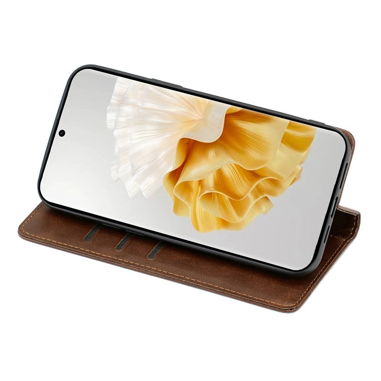 For Huawei Pura 70 Case Calf Texture Leather Magnetic Clasp Wallet Phone Cover - Brown
