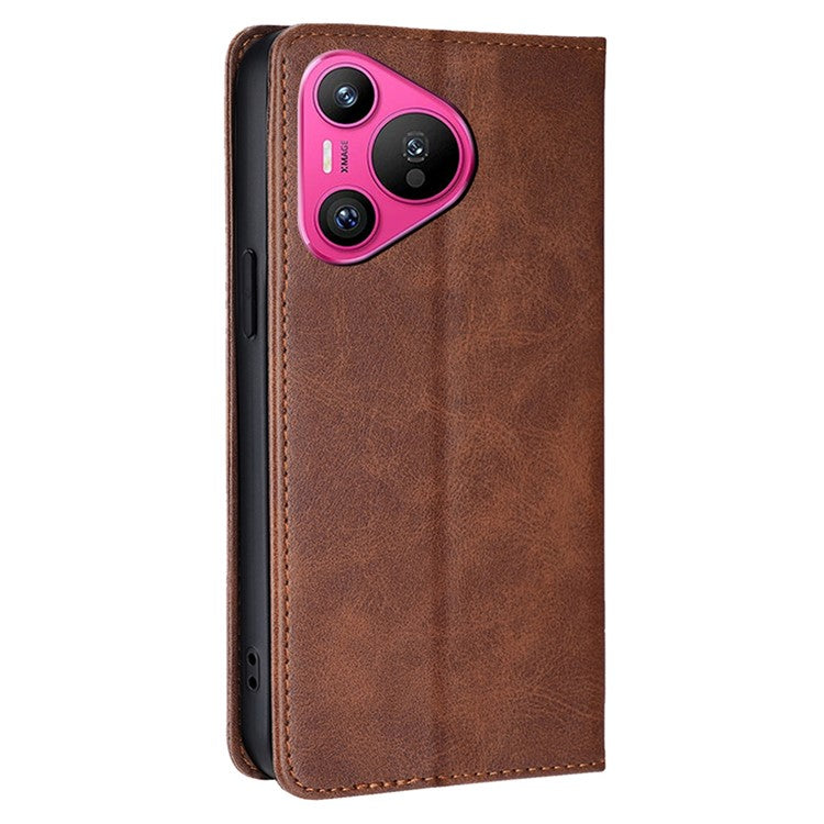 For Huawei Pura 70 Case Calf Texture Leather Magnetic Clasp Wallet Phone Cover - Brown