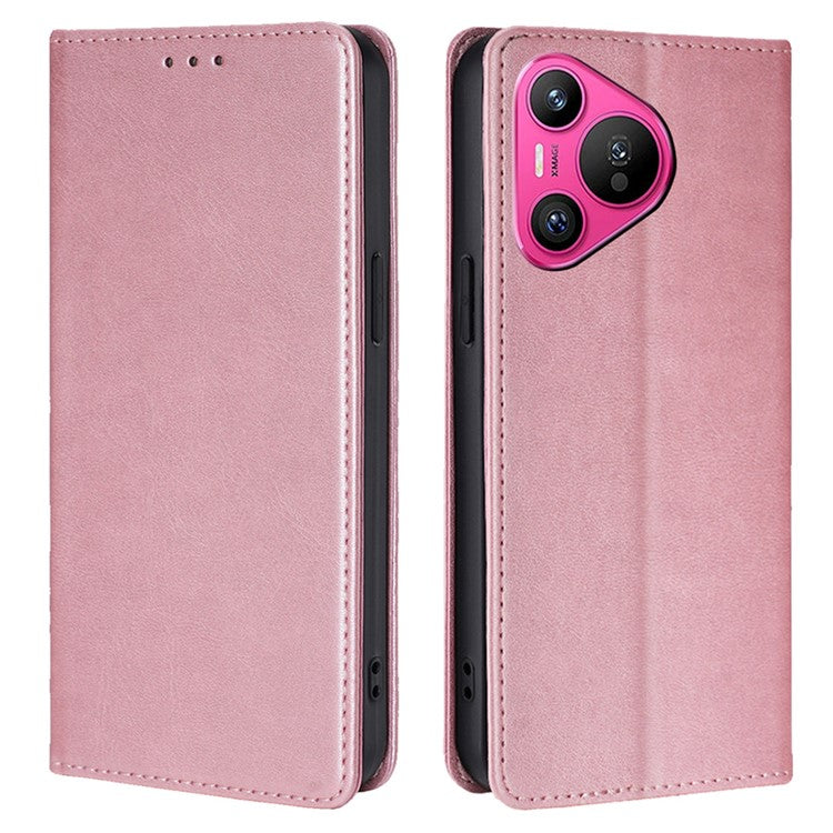 For Huawei Pura 70 Case Calf Texture Leather Magnetic Clasp Wallet Phone Cover - Rose Gold