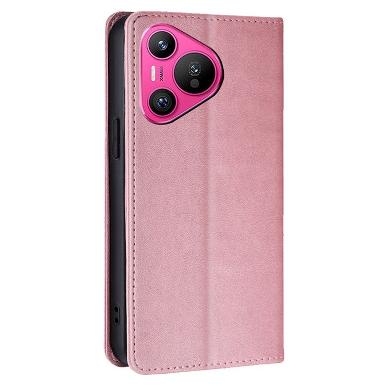 For Huawei Pura 70 Case Calf Texture Leather Magnetic Clasp Wallet Phone Cover - Rose Gold