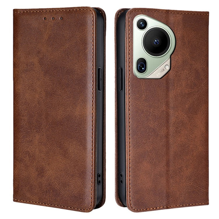 For Huawei Pura 70 Ultra Case PU Leather Calf Texture Strong Magnetic Suction Phone Cover - Brown