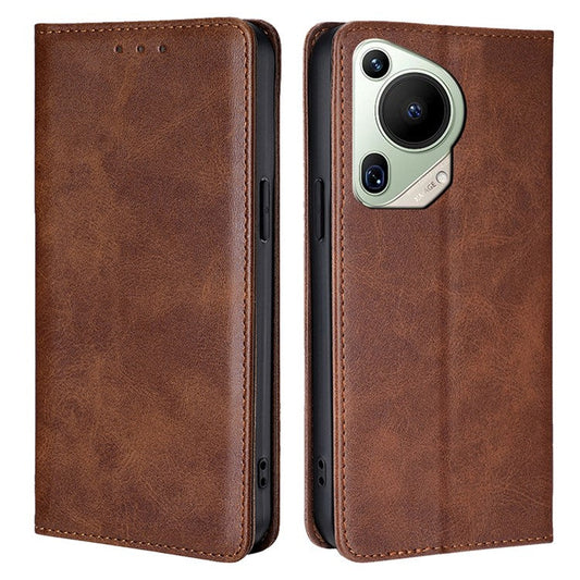 For Huawei Pura 70 Ultra Case PU Leather Calf Texture Strong Magnetic Suction Phone Cover - Brown