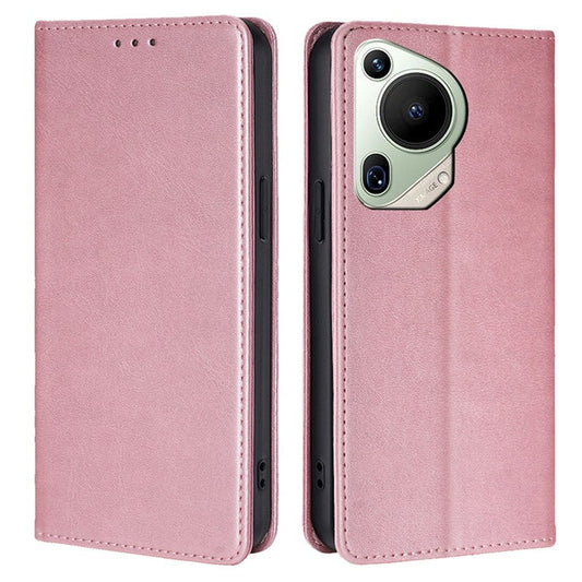 For Huawei Pura 70 Ultra Case PU Leather Calf Texture Strong Magnetic Suction Phone Cover - Rose Gold