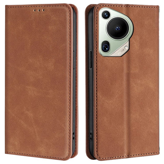 For Huawei Pura 70 Ultra Case PU Leather Hidden Magnetic Adsorption Flip Phone Cover - Light Brown