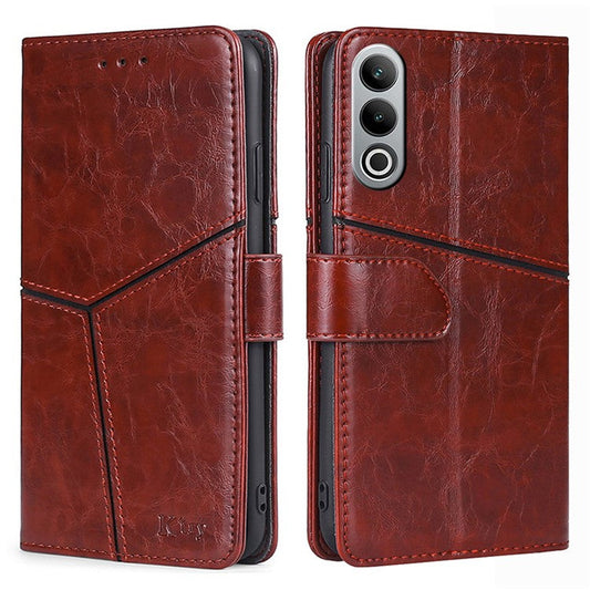 For OnePlus Nord CE4 5G Phone Case Geometric Splicing Leather Wallet Cover - Dark Brown