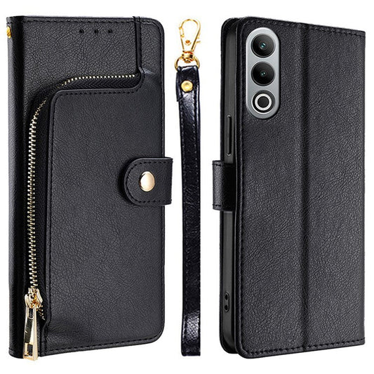 For OnePlus Nord CE4 5G Case PU Leather Folding Stand Phone Cover Zipper Wallet Purse - Black