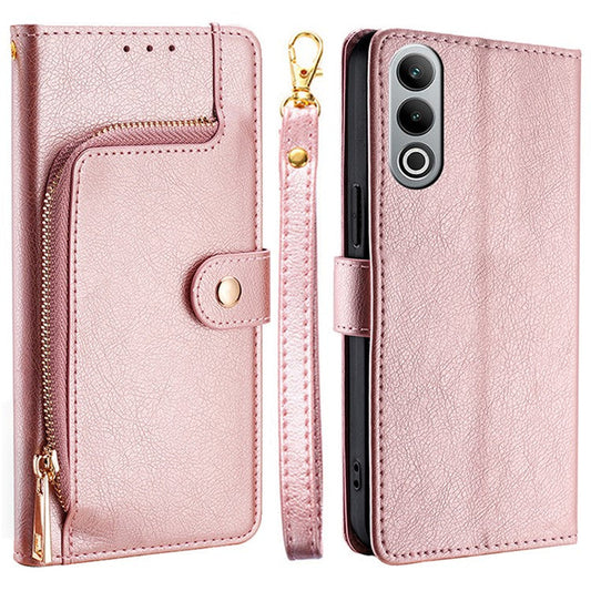 For OnePlus Nord CE4 5G Case PU Leather Folding Stand Phone Cover Zipper Wallet Purse - Rose Gold