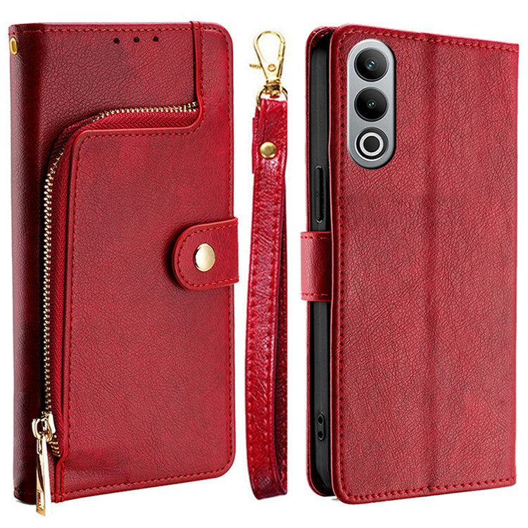 For OnePlus Nord CE4 5G Case PU Leather Folding Stand Phone Cover Zipper Wallet Purse - Red