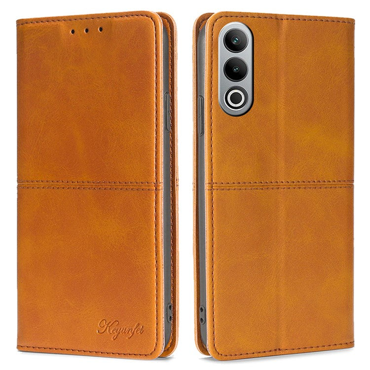 For OnePlus Nord CE4 5G Case Cowhide Texture PU Leather Magnetic Auto Closed Phone Cover - Light Brown