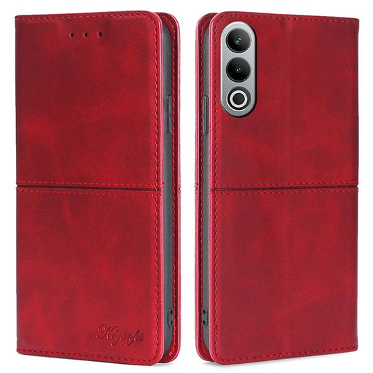 For OnePlus Nord CE4 5G Case Cowhide Texture PU Leather Magnetic Auto Closed Phone Cover - Red