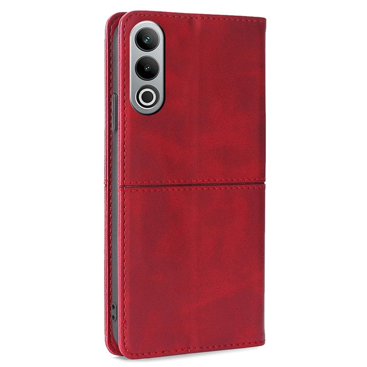 For OnePlus Nord CE4 5G Case Cowhide Texture PU Leather Magnetic Auto Closed Phone Cover - Red