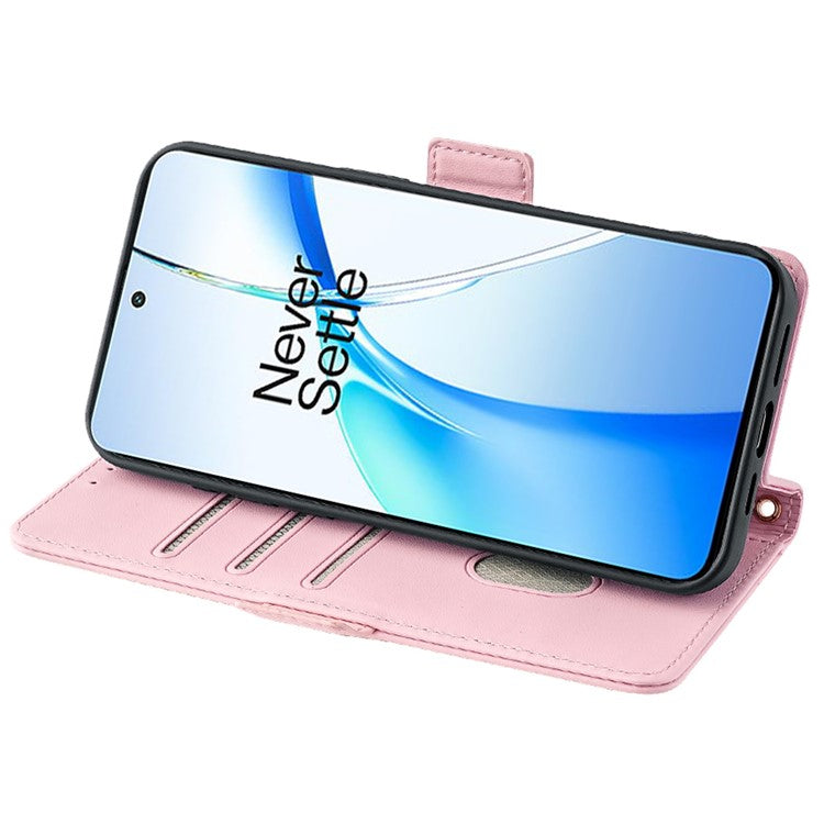 For OnePlus Nord CE4 5G Wallet Case RFID Blocking Card Holder Phone Cover with 2 Straps - Pink