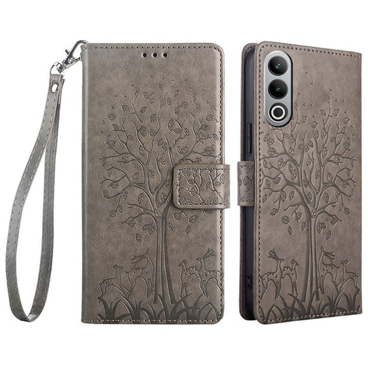 For OnePlus Nord CE4 5G Case PU Leather Stand Bookstyle Phone Cover Deer Tree Imprinted - Grey